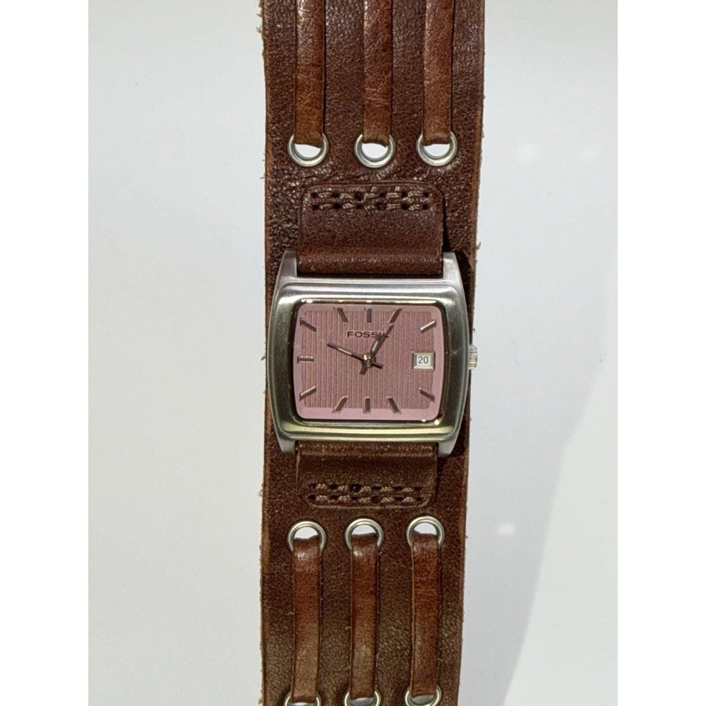 Vintage Fossil Y2K Pink Square Dial Brown Leather Cuff Watch Needs Battery